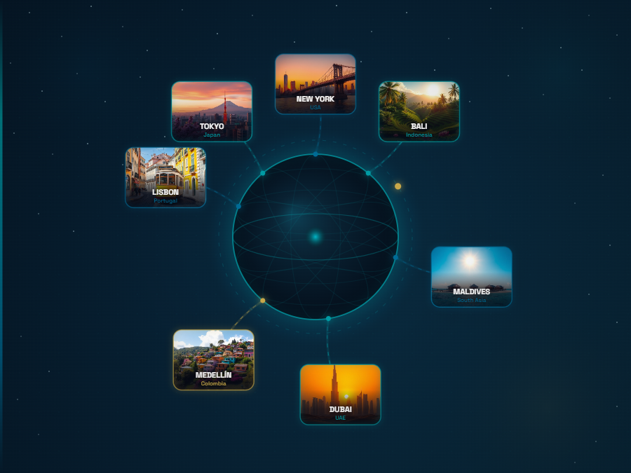 Our story — world travel map with destinations: Tokyo, Bali, Lisbon, Maldives, Dubai, Medellín and New York
