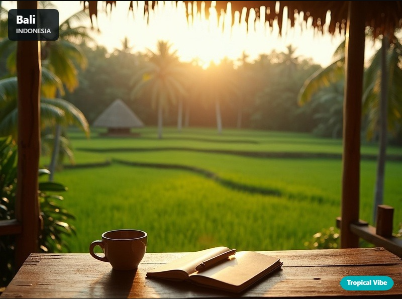 Bali Indonesia digital nomad workspace with rice terrace views and tropical outdoor setting for remote work
