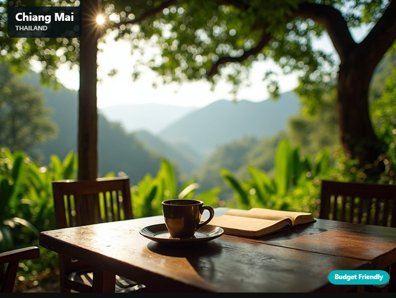 Chiang Mai Thailand garden café workspace surrounded by tropical greenery and mountain views for remote workers
