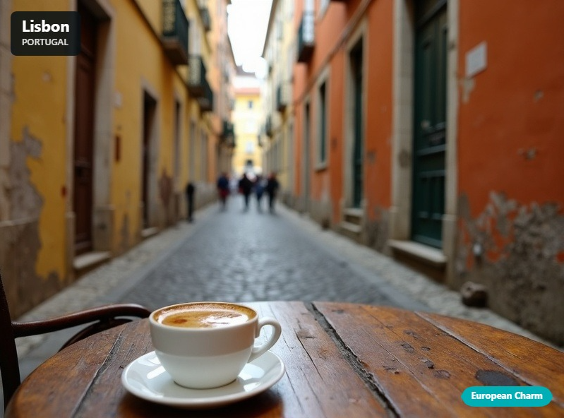 Lisbon Portugal cobblestone street café workspace with colorful European architecture for digital nomads
