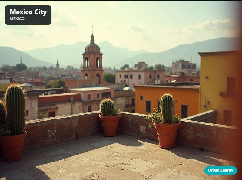 Mexico City Roma Norte rooftop workspace with urban skyline and colorful historic buildings for digital nomads
