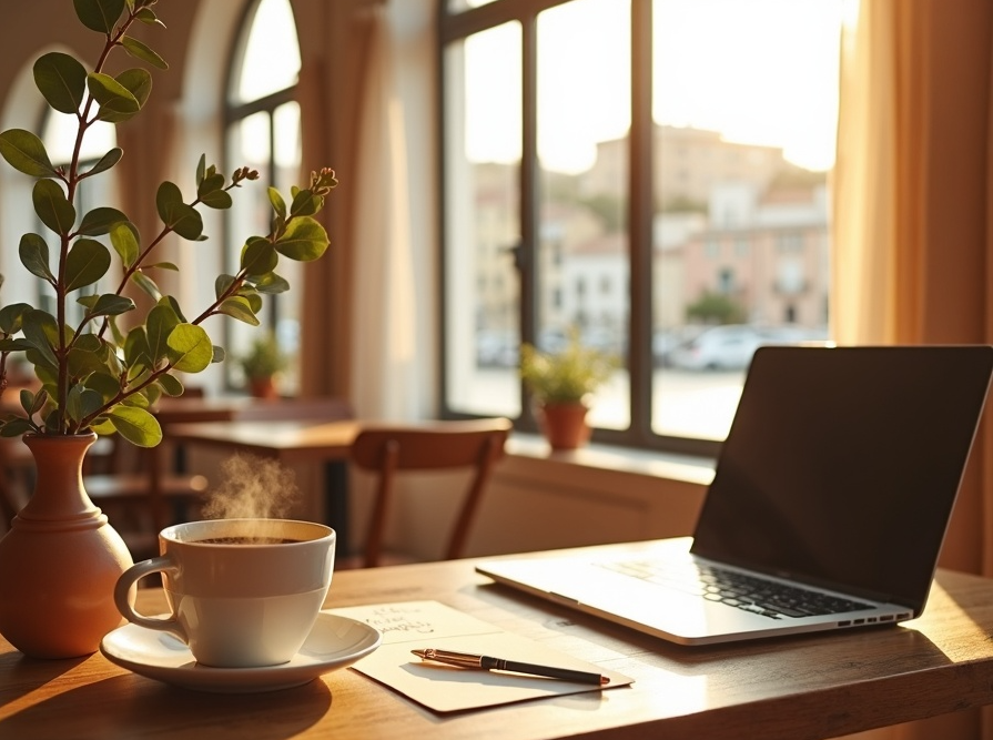 Cozy cafe workspace with coastal town view, laptop and coffee on wooden table